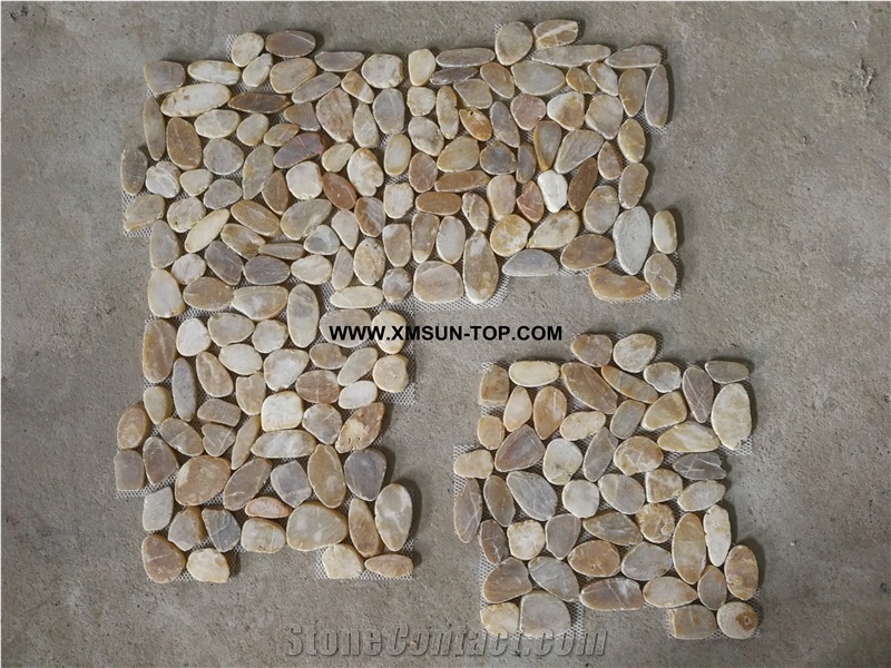 Yellow Sliced Pebble Mosaic Tile/Natural River Stone Mosaic/Double Surface Cut Pebble on Mesh/Pebble Stone Wall Mosaic/Pebble Stone Floor Mosaic