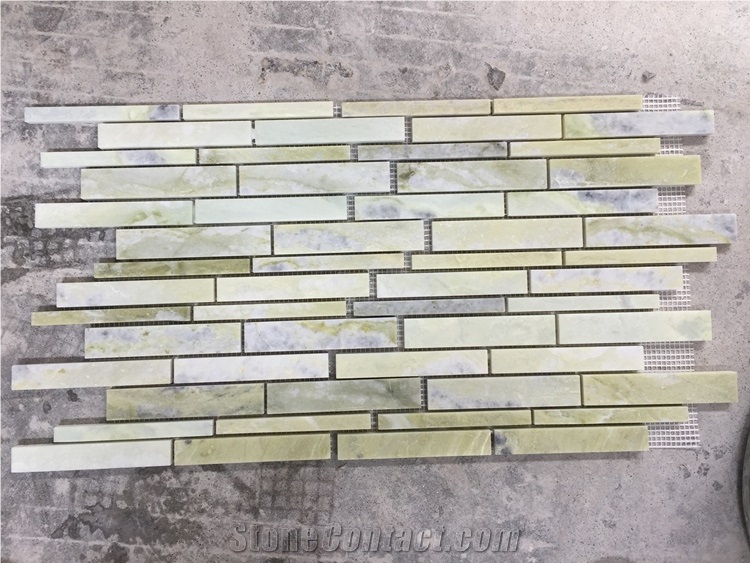 China Green Jade Marble Linear Strips Mosaic Medallion Wall Tiles Pattern, Ice Jade Marble Green Polished Mosaic