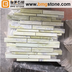 China Green Jade Marble Linear Strips Mosaic Medallion Wall Tiles Pattern, Ice Jade Marble Green Polished Mosaic
