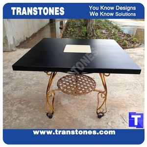 Antique Traditional Style Black Acrylic Marble Square Coffee Table Set with Metal Legs,Honed Desk for Custom