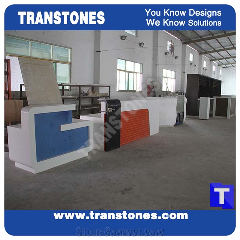 Red Acrylic Panel Reception Table Counter,White Artificial Marble Lobby Commercial Top for Hotel