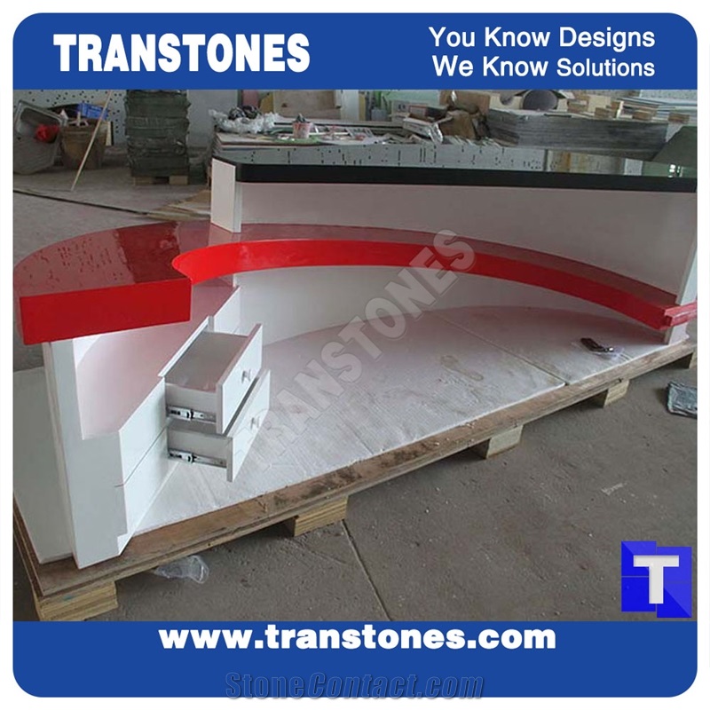 Red Acrylic Panel Reception Table Counter,White Artificial Marble Lobby Commercial Top for Hotel