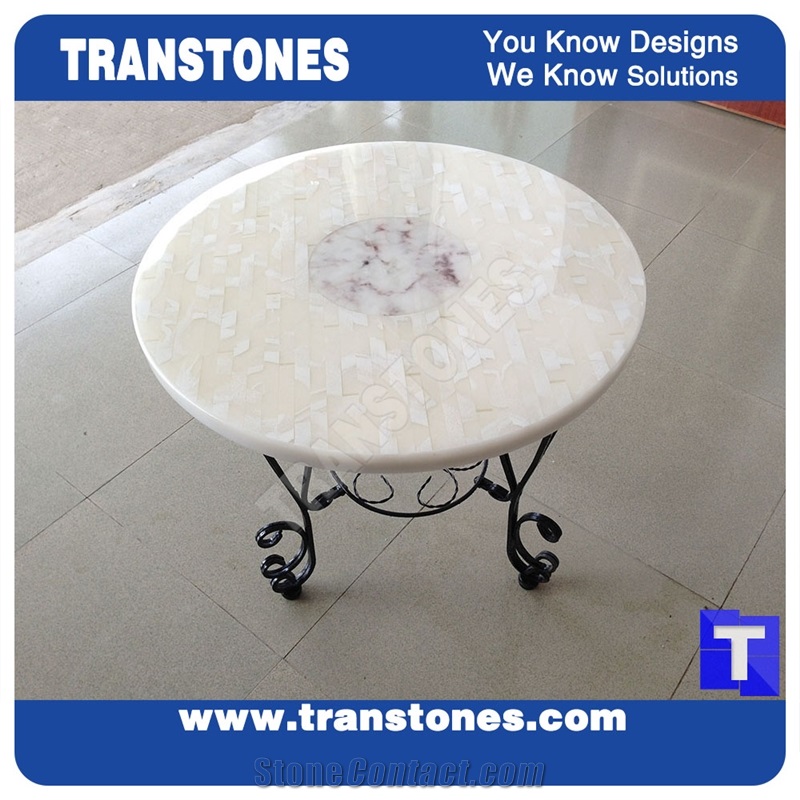 Seashell White Semiprecious Artificial Marble Stone Living Room Round Table Tops,Engineered Stone Solid Mosaic Surface Table Sets, Custom Home Furniture