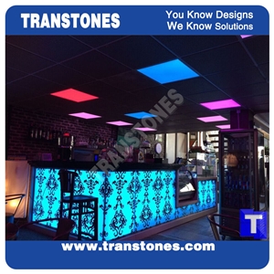 Solid Surface Waterjet Flower Design Led Backlit Club Bar Top,Commercial Counters,White Marble Acrylic