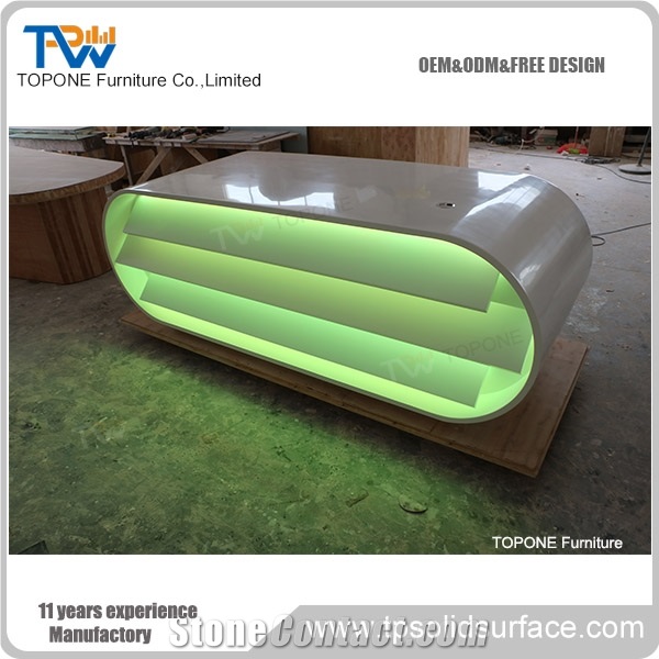 China Factory Modern Design Artificial Marble Stone Led Lighted Salon Reception Desk Design, Interior Stone Acrylic Solid Surface Led Salon Table Tops