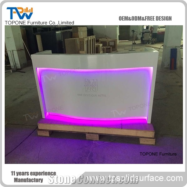 Small White and Orange Artificial Marble Office Reception Table Tops, Acrylic Solid Surface Small Office Front Table Tops Design Furniture Oem Service