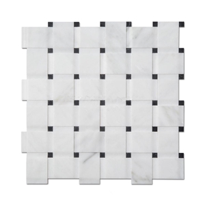 Bianco Carrara White 3d Design Basketweave Mosaic Tiles with Black Marquina Dot