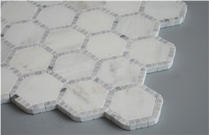 Bianco Carrara White Marble with Oriental White 2 Inch Hexagon Mosaic Tiles