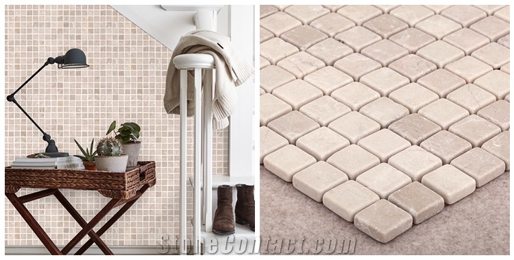 Blasted Natural Marble Stone Honed and Tumbled Cobblestone Mosaic Tiles, Crema Marfil Old Finished Marble Mosaic
