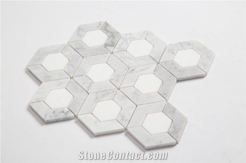 Carrara White Mixed Thassos White Marble Hexagon Mosaic Tiles,Bianco Carrara Mosaic, Italian White Marble Mosaic, Italian White, Carrara White