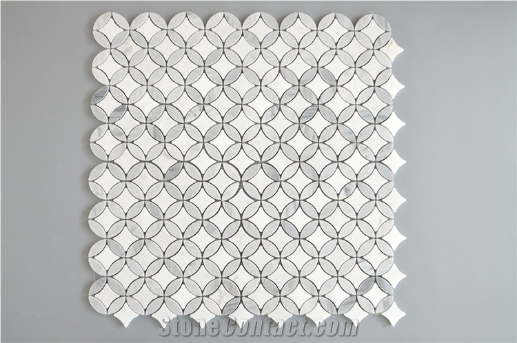 Italy Bianco Carrara White and Thassos White Football Shaped Marble Mosaic Pattern Tile