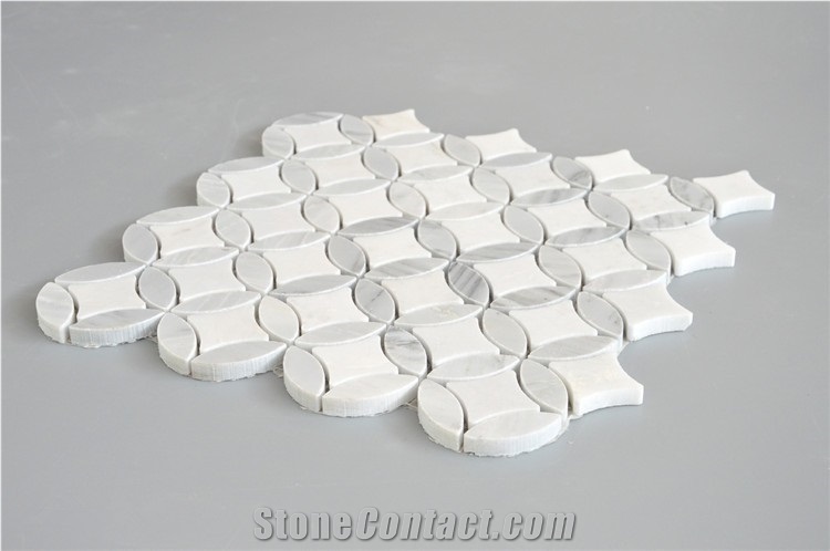 Italy Bianco Carrara White and Thassos White Football Shaped Marble Mosaic Pattern Tile