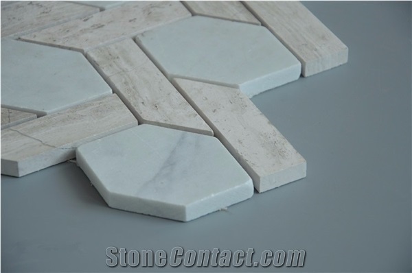 Italy Carrara White and China Wooden Gray Marble Basketwave Kitchen Mosaic Floor Tile, Italian White, Carrara White,Wood Grain Marble Mosaic