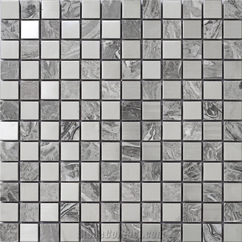 Natural Marble Stone Mix Metal Backsplash Mosaic Tiles