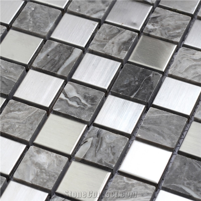 Natural Marble Stone Mix Metal Backsplash Mosaic Tiles