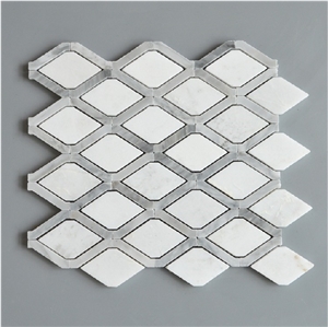 New Design Carrara White Marble Mosaic Tiles, Thassos White Rhombus Shaped with Carrara White Basketweave Mosaic Tile