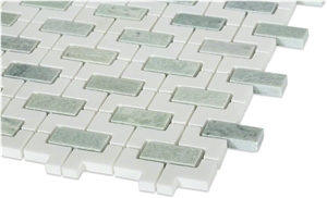 White and Green Marble Water Jet Bathroom Tile Design, Dandong Green with Thassos White Marble Mosaic