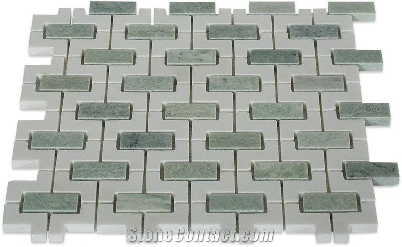 White and Green Marble Water Jet Bathroom Tile Design, Dandong Green with Thassos White Marble Mosaic