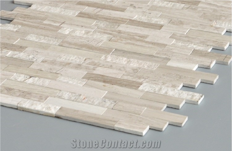 White Oak Silver Cream Marble Brick Interlocking Mosaic, White Wood Vein, Athen Grey Marble, Grey Wood Grain Marble