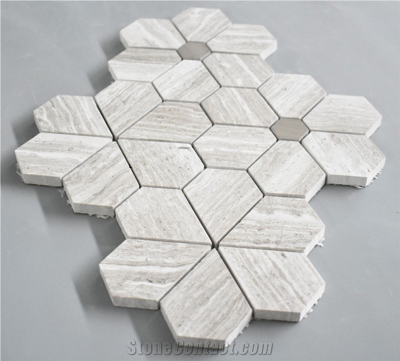 White Oak Silver Cream Sun Flower Mosaic Tiles Pattern for Backsplash,White Wood Vein, Athen Grey Marble, Grey Wood Grain Marble