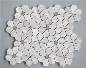 White Oak Silver Cream Sun Flower Mosaic Tiles Pattern for Backsplash,White Wood Vein, Athen Grey Marble, Grey Wood Grain Marble