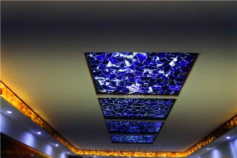 Blue Vein Stone Polished Slab Backlit in Ceiling and Wall