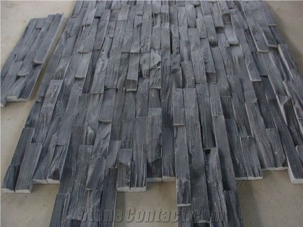 Antique Style Black Slate Nero Culture Stone Wall Cladding Panel Fireplace Surround Covering, Interior Stacked Stone Veneer Stone Walling Gofar
