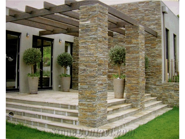 China Rust Beige Slate Culture Stacked Stone Wall Cladding Panel for Villa Exterior,Thin Stone Veneer Feature Wall Exposed Walling Gofar