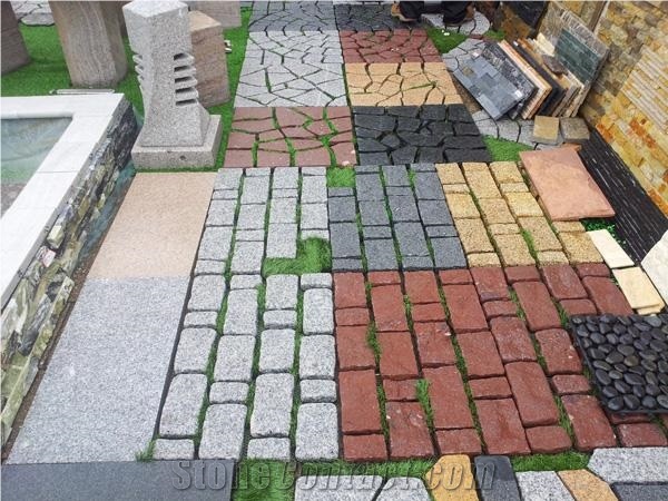 Cobble G682 Mix G666 Brick Road Pavers on Mesh,Padang Giallo Rust Granite Cube Stone Brick Pavers Golden Garnet Paving Sets,Landscaping Stone-Gofar