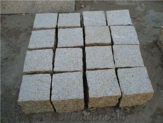 Colorful Granite Brick Road Cube Pavers on Mesh,Padang Giallo Rust Granite Cube Stone Brick Pavers Golden Garnet Paving Sets,Landscaping Stone-Gofar
