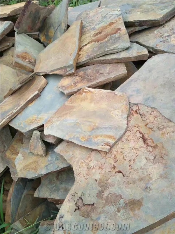 China Yellow Slate,Mess Shape Paving Tile,Riven Split Natural Stone Paver,Floor Tile for Walkway,Cheap Price with Ce and Own Quarry