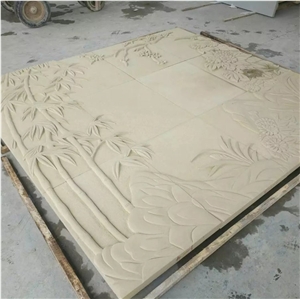 Chinese Beige Sandstone Relief Bamboo Carving Relief Handmade