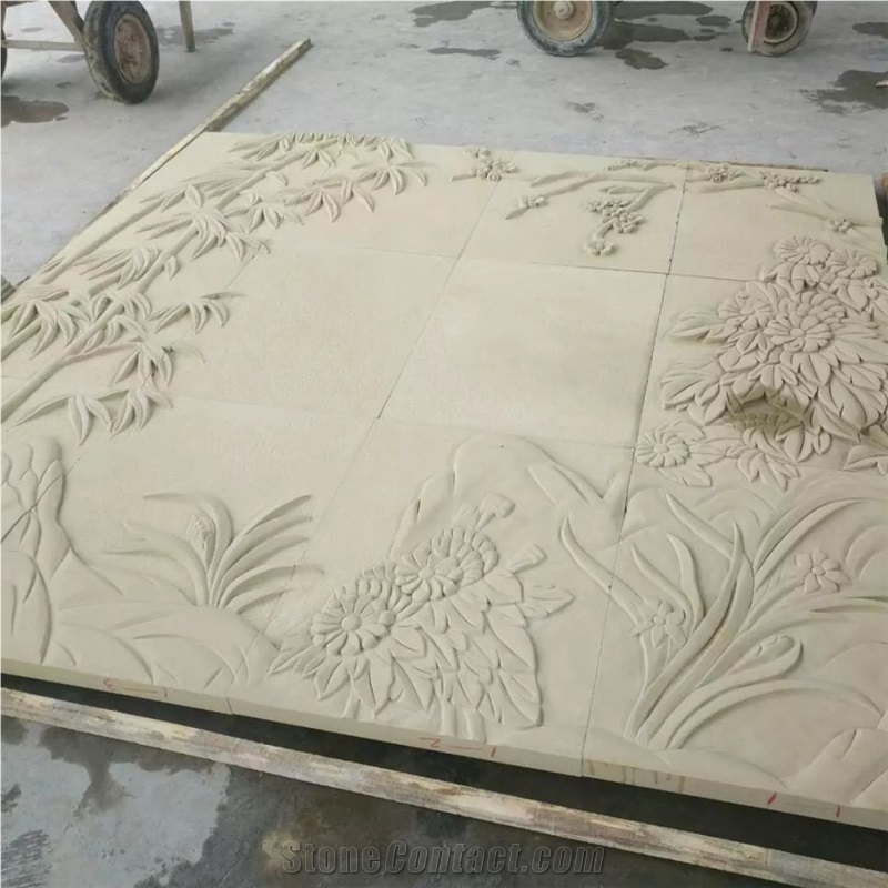 Chinese Beige Sandstone Relief Bamboo Carving Relief Handmade