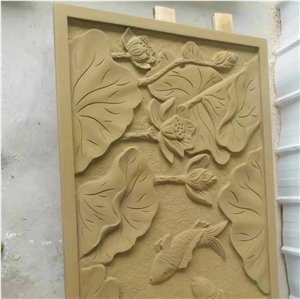 Gold Color Sandstone Relief Handmade Lotus Flower and Fish Carving
