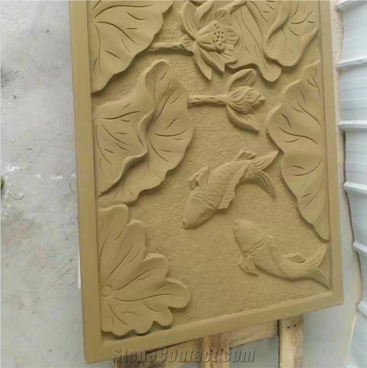 Gold Color Sandstone Relief Handmade Lotus Flower and Fish Carving