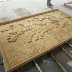 Natural Yellow Horse Sandstone Relief Handmade Sculpture