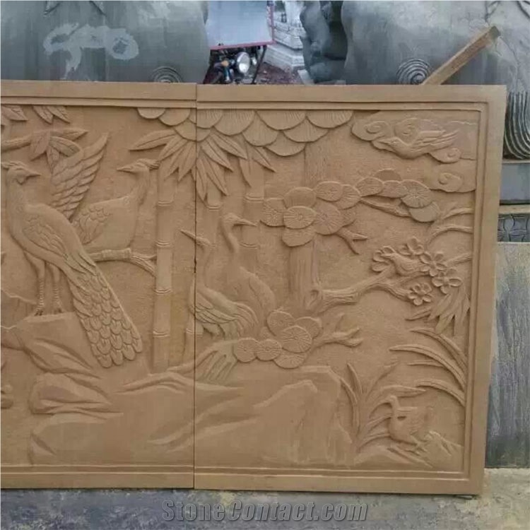 Natural Yellow Sandstone Relief Peacock Sculpture Handmade