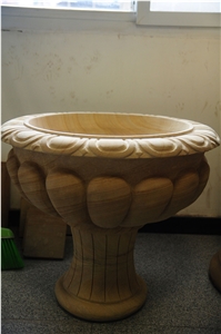 Yellow Flower Pot Sandstone Natural Handmade Sandstone Carving