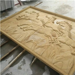 Yellow Sandstone Relief Horse Design Carving for Walls
