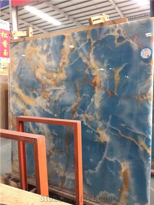 Pakistan Blue Backlit Onyx Slabs Covering Floor Wall Tiles & Blue Onyx Pattern
