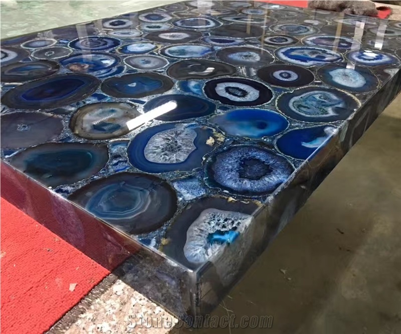 Translucent Blue Agate Countertop, Blue Gemstone Table Top Price, Blue Agate Tiles for Interior Design