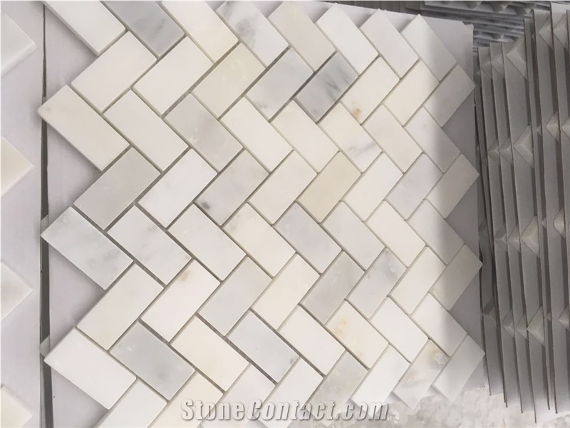 White Marble Polished Surface Mosaic Pattern for Wall Mosaic and Floor Mosaic, Thin Laminated Mosaic