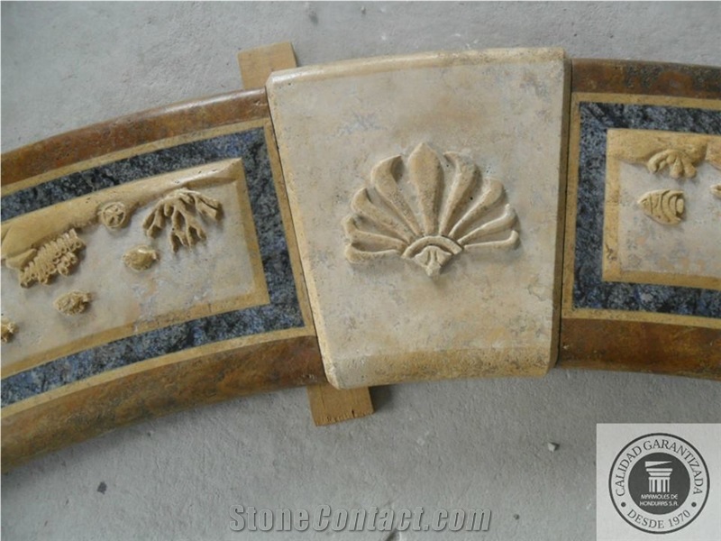 Fountain in Materials: Angelica Travertine, Travertine Golden Brown, Azul Bahia