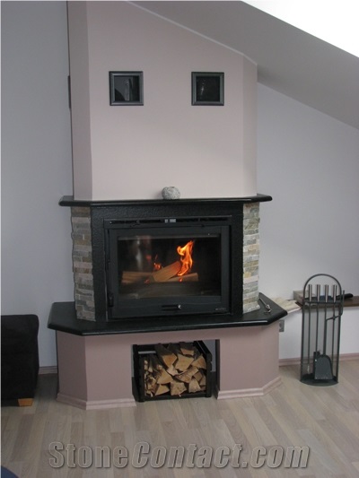 Absolute Black Granite and Ledge Stone Fireplace Design