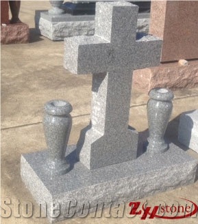 Cheap Price Double Vases Cross Design G603/ Sesame White/ Light Gray Granite Single Upright Headstone