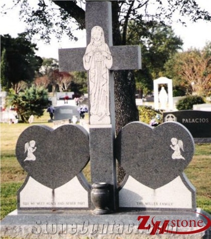 Western Style Double Heart with Cross Dark Gray/ G654/ Sesame Gray Granite Double Upright Monument