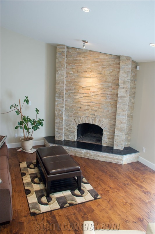 Beige Quartzite Ledge Stone Fireplace Surround