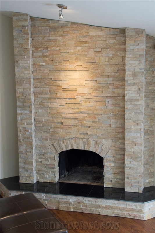 Beige Quartzite Ledge Stone Fireplace, Limestone Tile Fireplace Surround