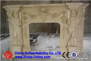 Beige Marble Fireplace, Customized Fireplace,Human-Sculptured Fireplace,Roman Style Fireplace,Angel Pattern Fireplace,Woman Pattern Frieplace