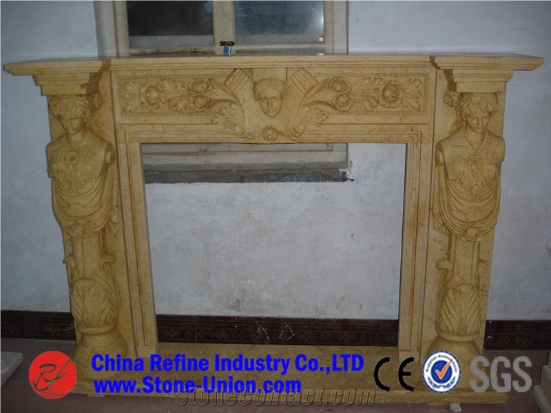 Beige Marble Fireplace, Customized Fireplace,Human-Sculptured Fireplace,Roman Style Fireplace,Angel Pattern Fireplace,Woman Pattern Frieplace